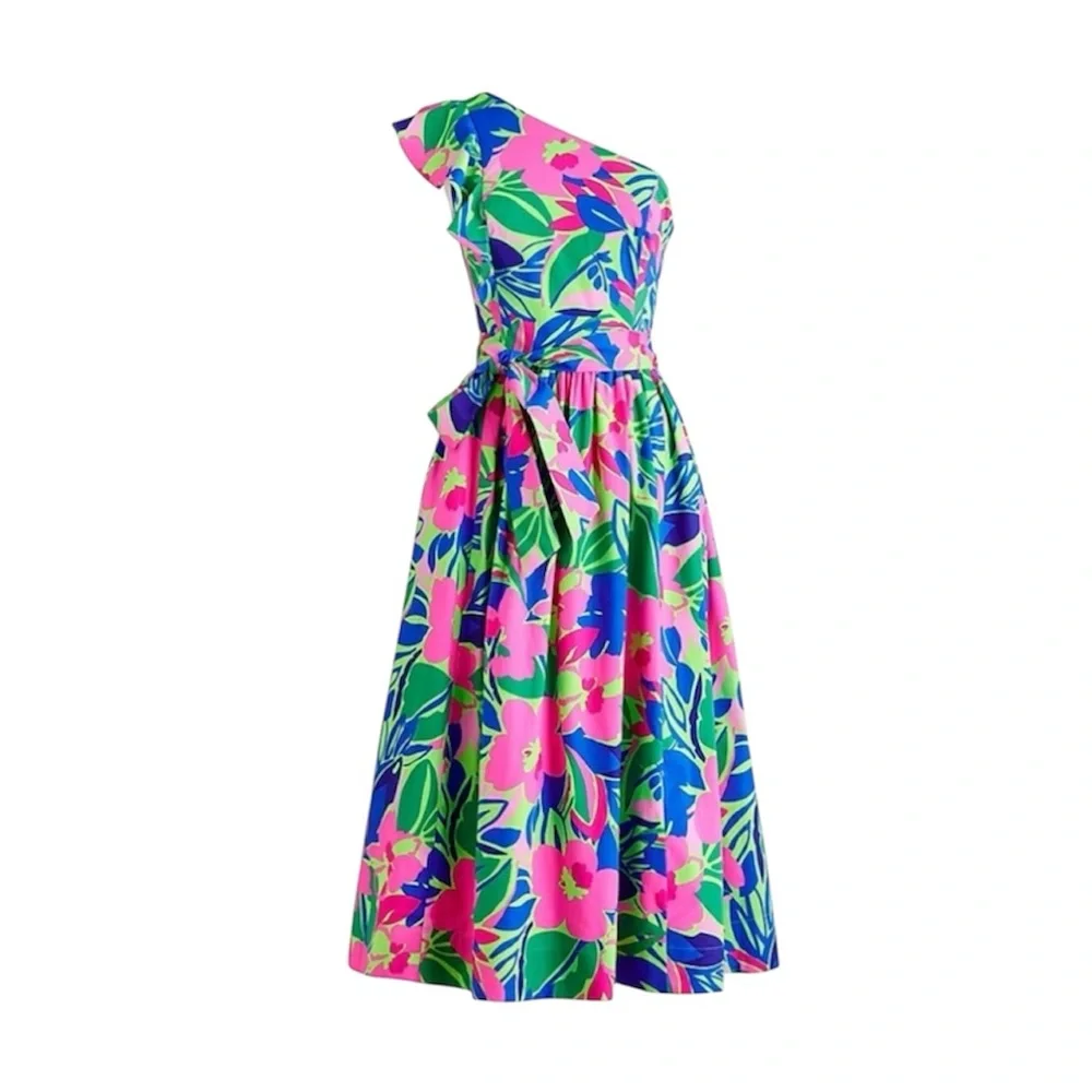 J. Crew One-Shoulder Floral Midi Dress in Pink, Green & Blue - Picture 1 of 8